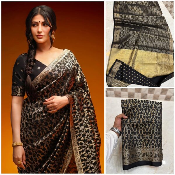 "Black Tapeta Banarasi soft silk saree with golden zari booti work and rich traditional weaving – perfect for festive wear, parties, and elegant ethnic styling."