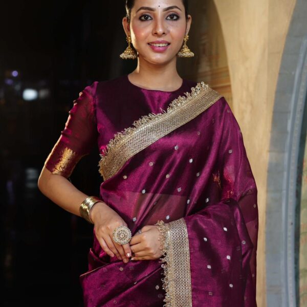 Gulbahaar Wine Banarasi Tissue Silk Saree