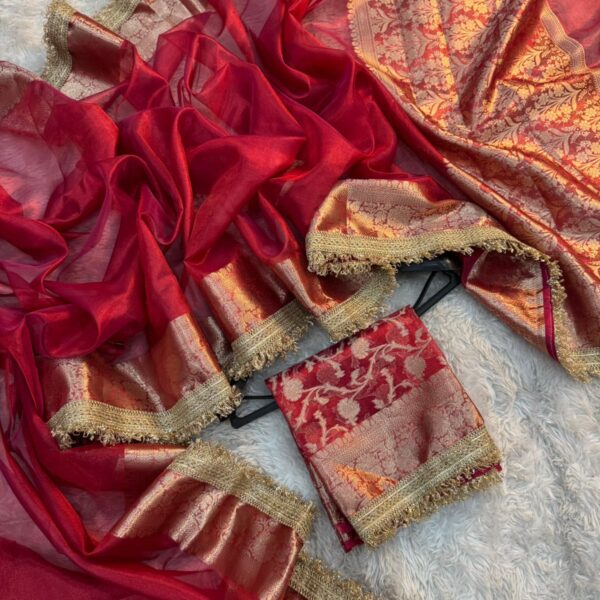 Crimson Royalty Banarasi Tissue Saree with Lace Border