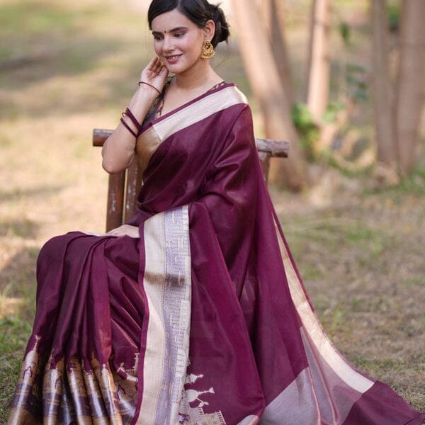 Ganga Varnam Wine Banarasi Soft Warm Silk Saree