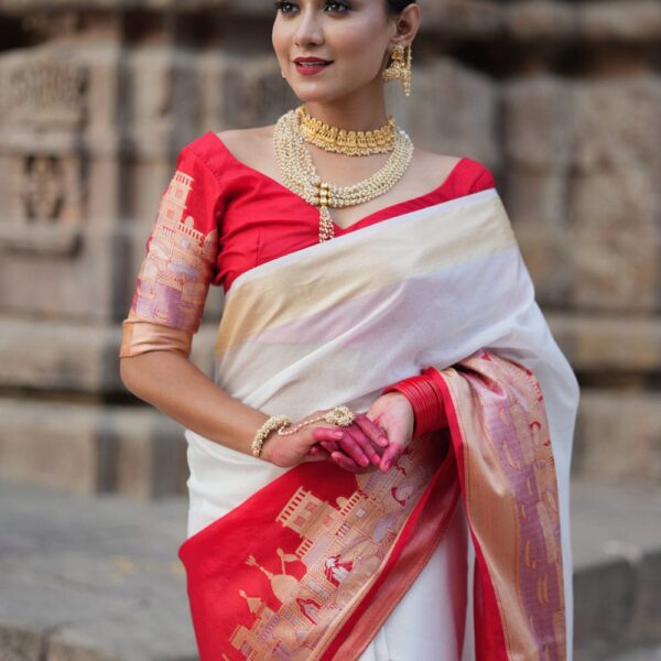 Ganga Ghat White & Red Banarasi Soft Silk Saree