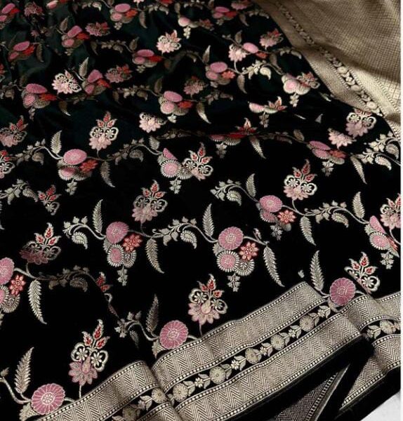 Hema Malini Inspired Black Banarasi Mashroo Silk Meena Saree