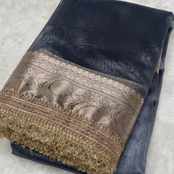 Moonlit Mist Banarasi Tissue Saree with Lace Border