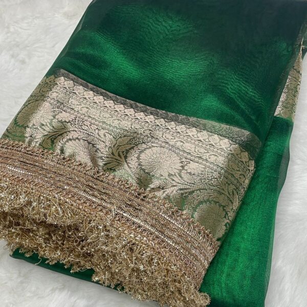 Emerald Grace Banarasi Tissue Saree with Lace Border