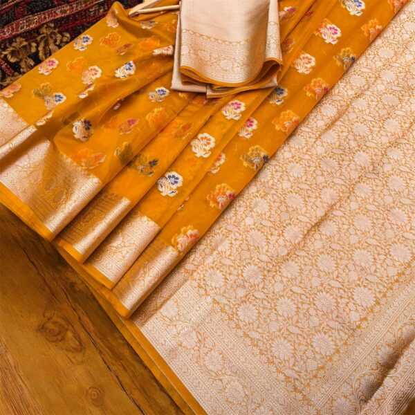 Surmayi Banarasi Kora Organza Saree – Yellow Glow with Silver Zari Border
