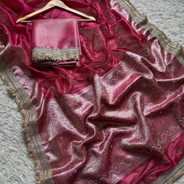 Maharani Rose Pink Tissue Silk Saree with Lace & Stone Work