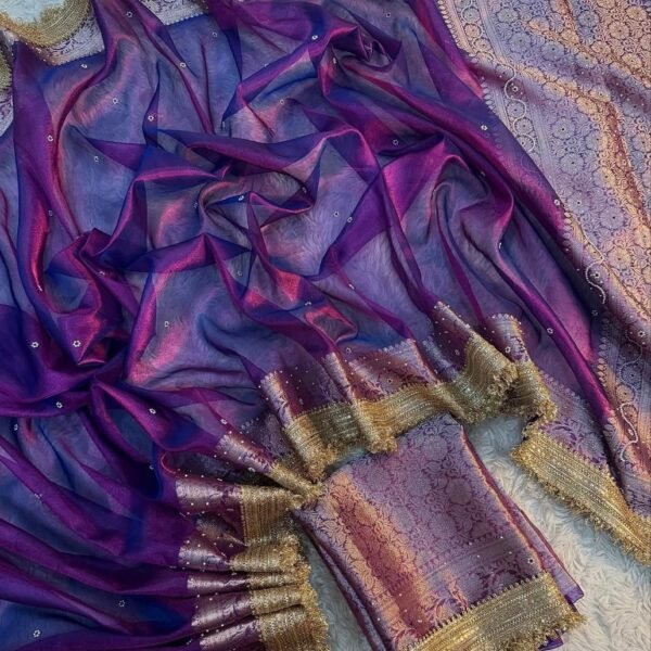 Maharani Lavender Blue Tissue Silk with Premium Lace & Stone Work