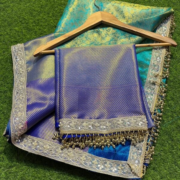 Premium Blue Green Tissue Zari Silk Tanchui Pattern with Lace Work