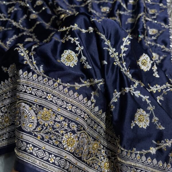 Banarasi   Navy   Blue   Shade   Jaal   Mashru   Silk   Saree   With   Ari   Stone   Work