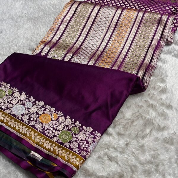 Rang-e-Wine Royale – Banarasi Floral Minakari Skirt Border Mashru Silk Saree