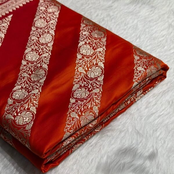 Saffron Glow Royale – Banarasi Cross Pattern Floral Mashru Silk Saree