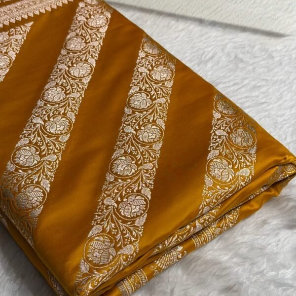 Kesar Royale – Mustard Floral Cross Pattern Mashru Silk Saree