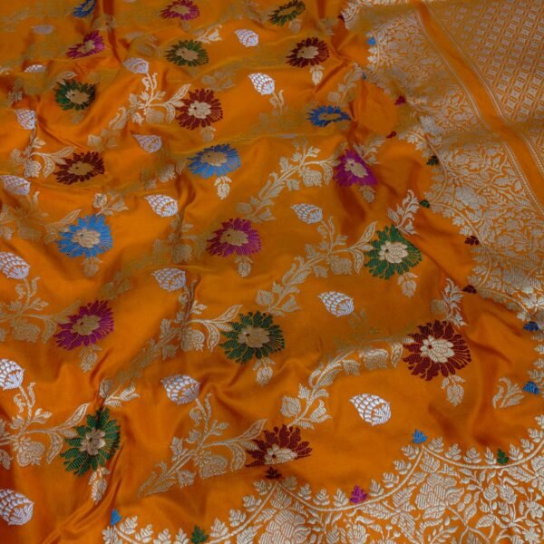 BNS Surya Meenakari Kadhuwa Pure Katan Silk Saree – Orange Floral Royale
