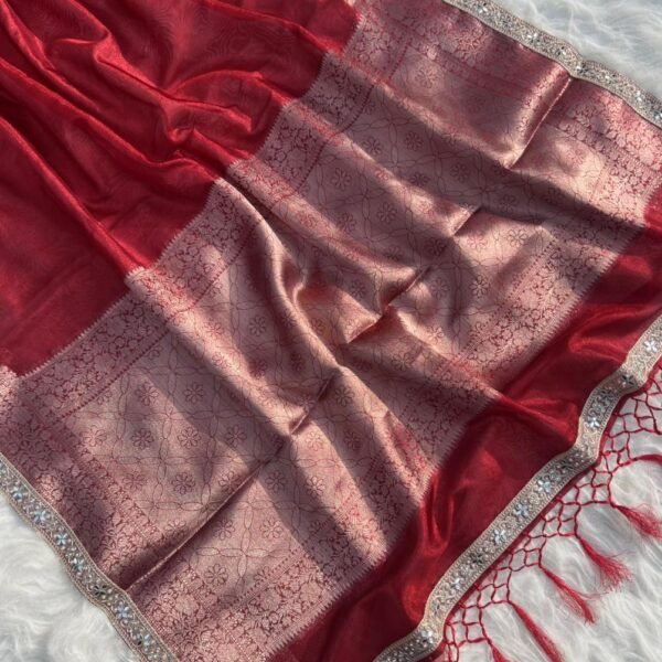 Woman wearing shimmery red bridal tissue silk saree with elegant mirror lace work for wedding and festive celebrations