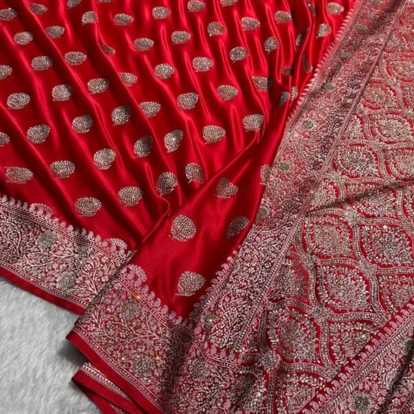 Bridal Red Banarasi Mashru Katan Silk Saree with Stone Work
