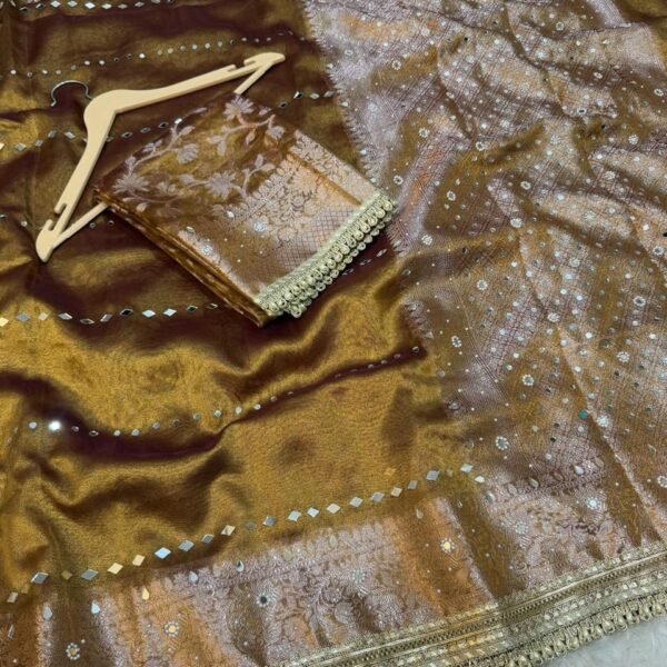Henna Tissue Silk Brocade Floral Jaal Banarasi Saree with Designer Moti Lace by BNS Saree Centre Varanasi
