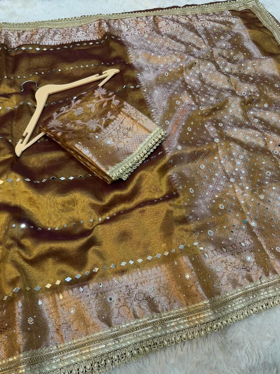 IMG-20260620-WA0483 Henna Tissue Silk Brocade Floral Jaal Banarasi Saree with Designer Moti Lace by BNS Saree Centre Varanasi