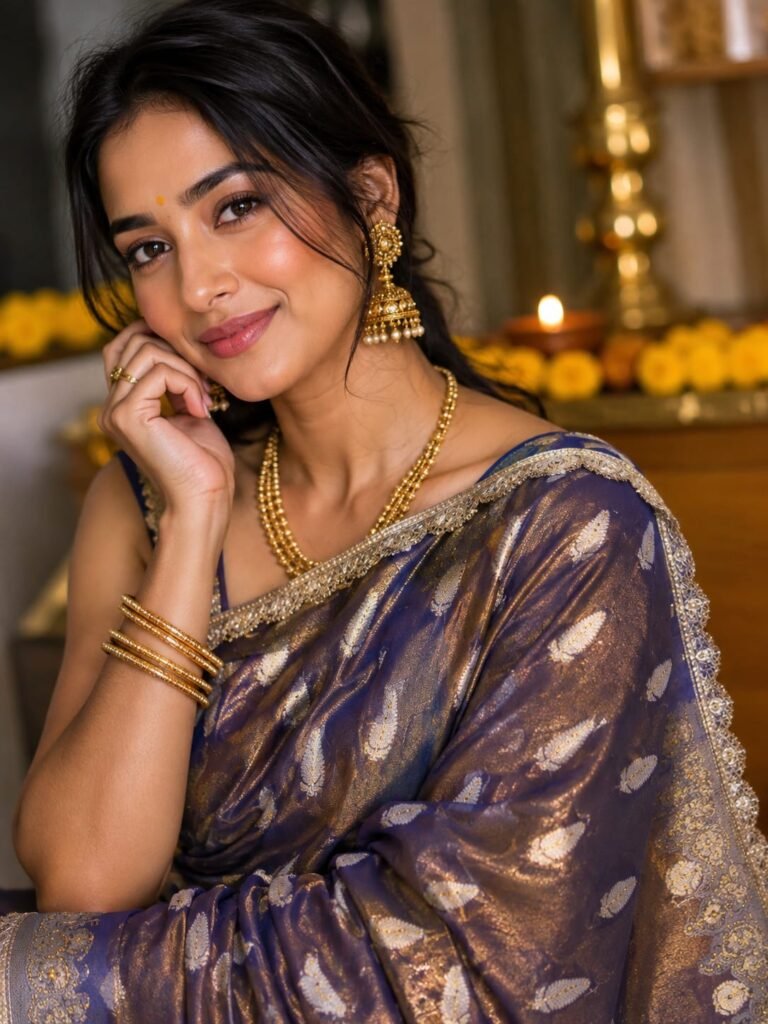 Royal Blue Banarasi Tissue Silk Saree with silver zari leaf buti design, Swarovski stone work, rich Banarasi zari border, and designer lace by BNS Saree Centre, Varanasi.