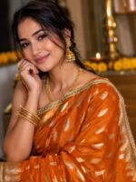 Rust Orange Banarasi Tissue Silk Saree with silver zari leaf buti design, Swarovski stone work, rich Banarasi zari border, and designer lace by BNS Saree Centre, Varanasi.