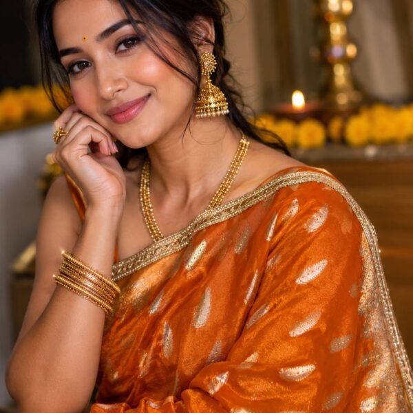 Rust Orange Banarasi Tissue Silk Saree with silver zari leaf buti design, Swarovski stone work, rich Banarasi zari border, and designer lace by BNS Saree Centre, Varanasi.